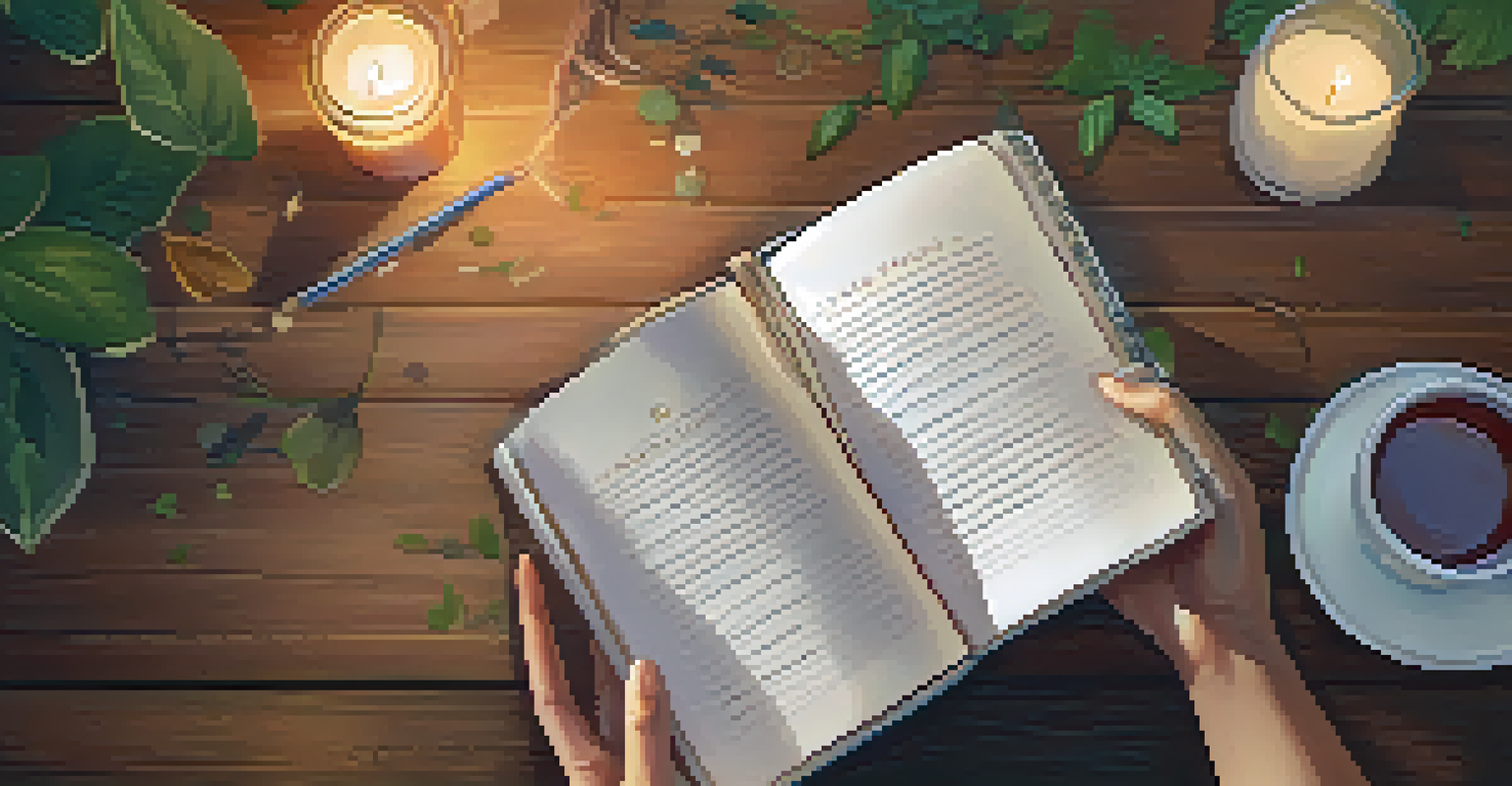 Hands holding an open journal with positive affirmations, surrounded by a cup of herbal tea and a lit candle on a wooden table.