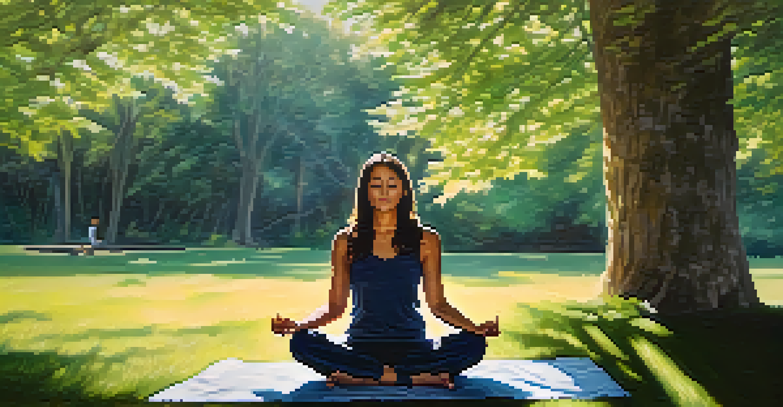 A person meditating outdoors in a serene natural setting, surrounded by trees and soft sunlight, representing mindfulness and calm.