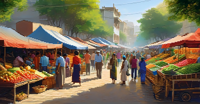 A busy street market with colorful stalls selling fresh produce and handicrafts, illuminated by warm sunlight.