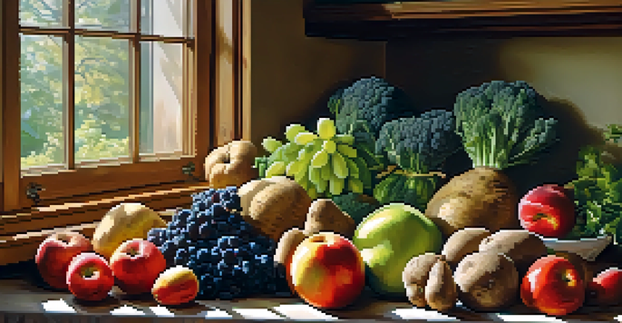 A bright kitchen table laden with fresh fruits and vegetables, illuminated by soft natural light.
