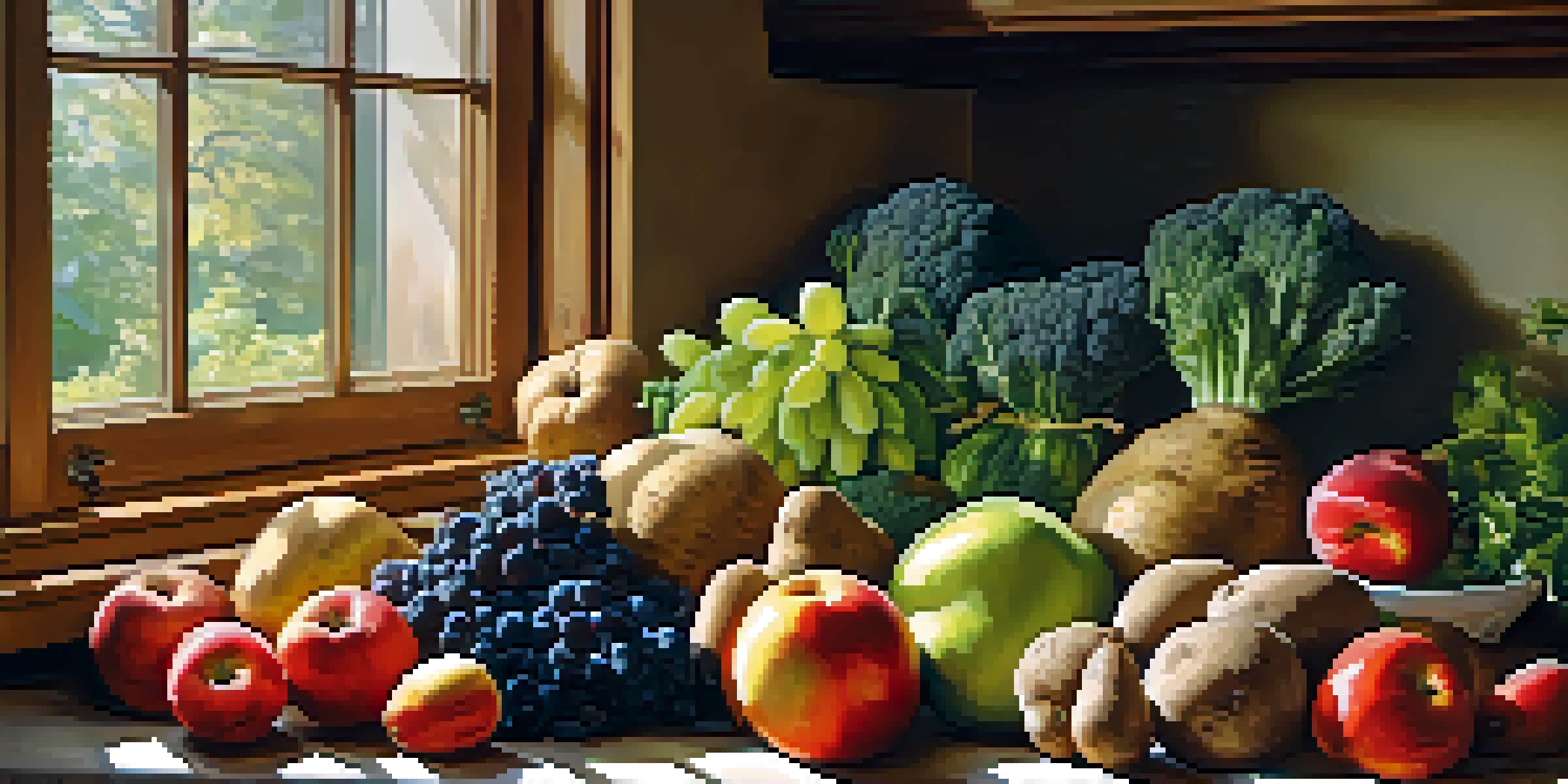 A bright kitchen table laden with fresh fruits and vegetables, illuminated by soft natural light.