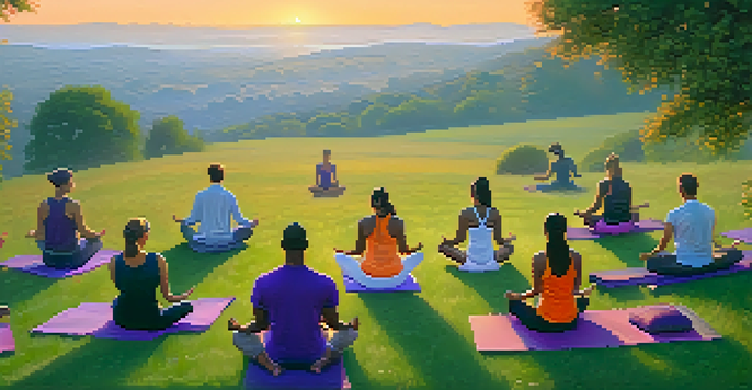 A diverse group of individuals practicing yoga on a grassy hill at sunrise, surrounded by mist and vibrant sky colors.