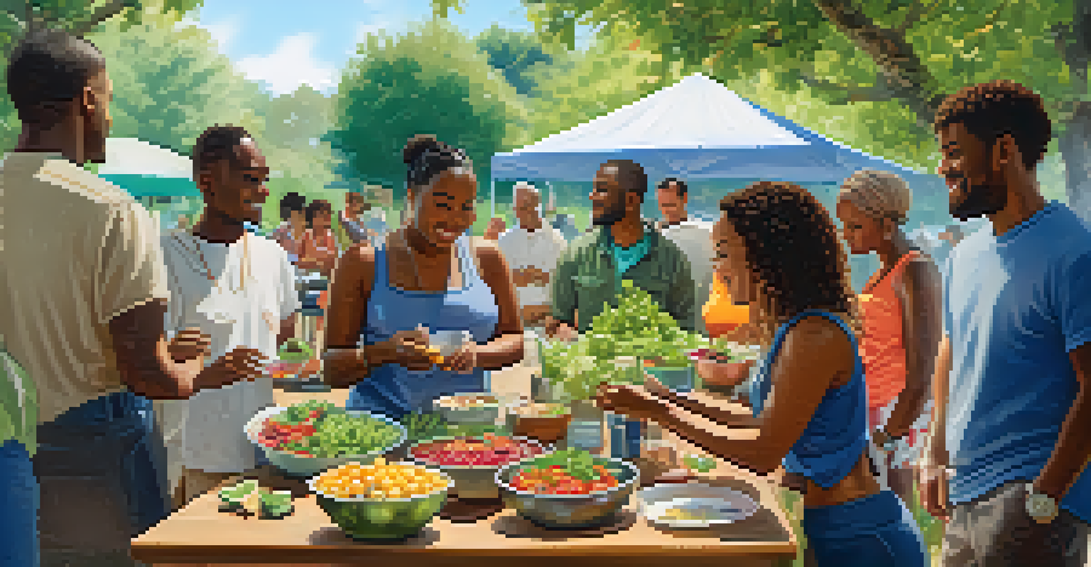 A diverse group of people sharing healthy recipes in a sunny outdoor setting.