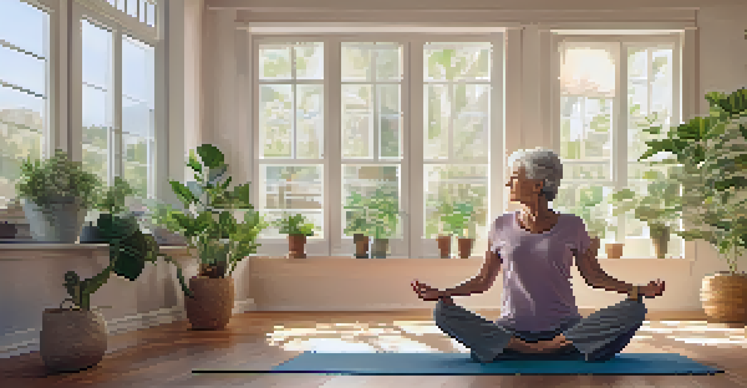 A senior woman practicing yoga indoors with natural light and plants around her.