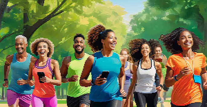 A diverse group of people participating in a digital fitness challenge outdoors, smiling and using technology.