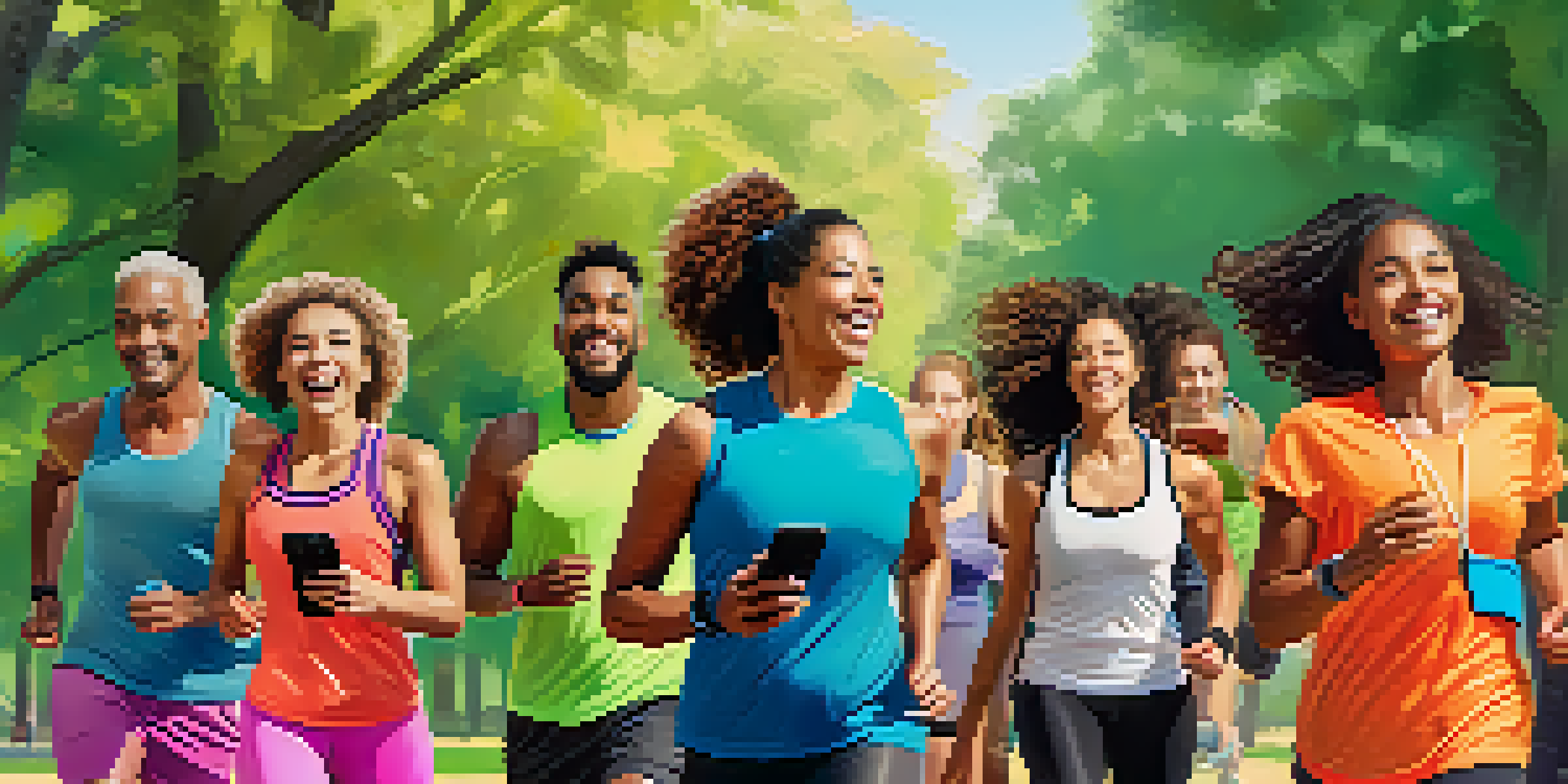 A diverse group of people participating in a digital fitness challenge outdoors, smiling and using technology.