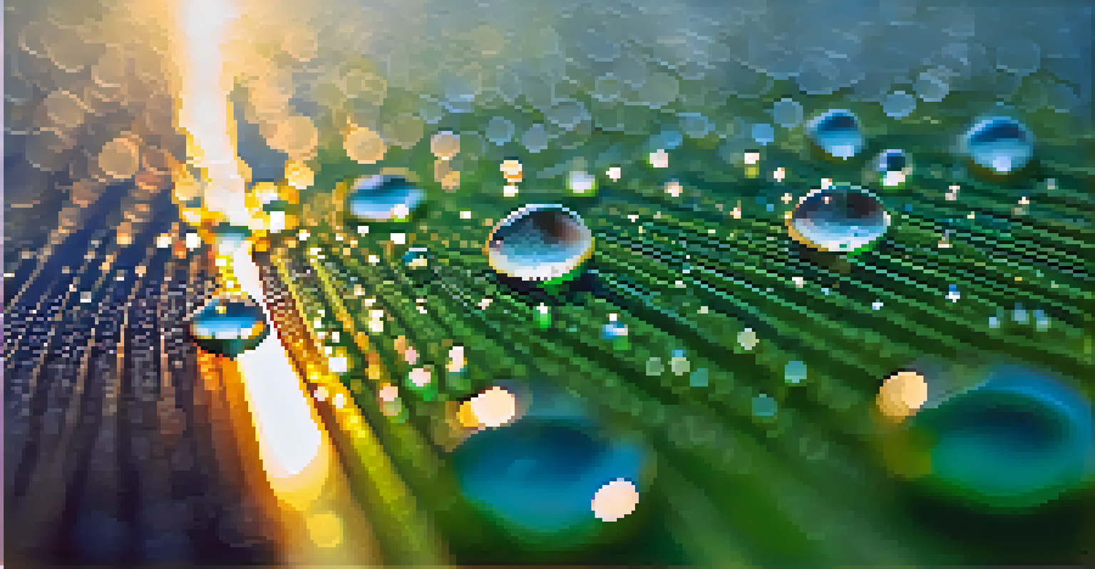 A close-up of a solar panel with dew drops, set against a blurred green background.