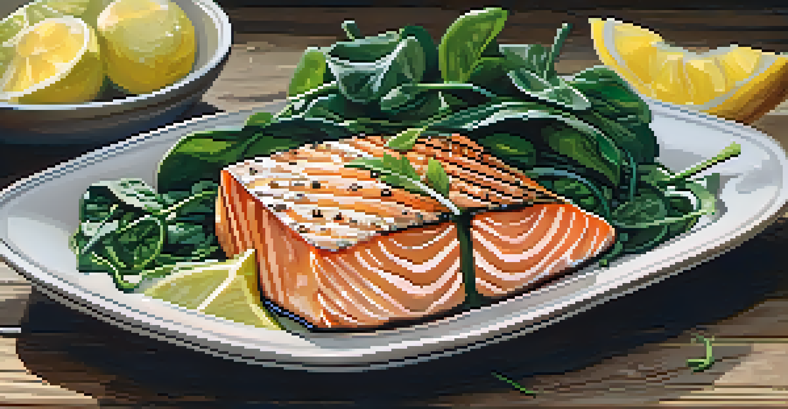 A close-up of a plated low-carb meal with grilled salmon and sautéed spinach, showcasing rich colors and textures.