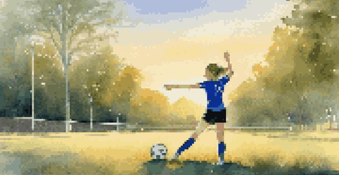 A teenage girl in a blue sports jersey stretches on a grassy field at sunset before soccer practice.