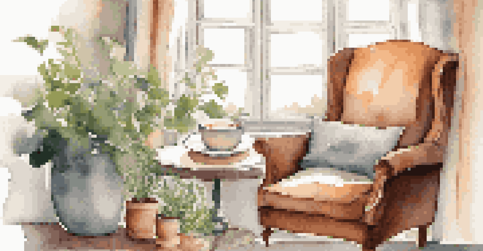 A cozy chair by a window with a journal and a cup of tea, surrounded by plants and soft lighting.