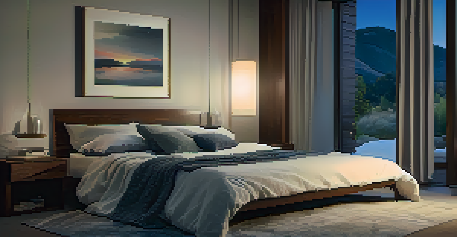 A peaceful bedroom with a neatly made bed and soft lighting, promoting relaxation and quality sleep.