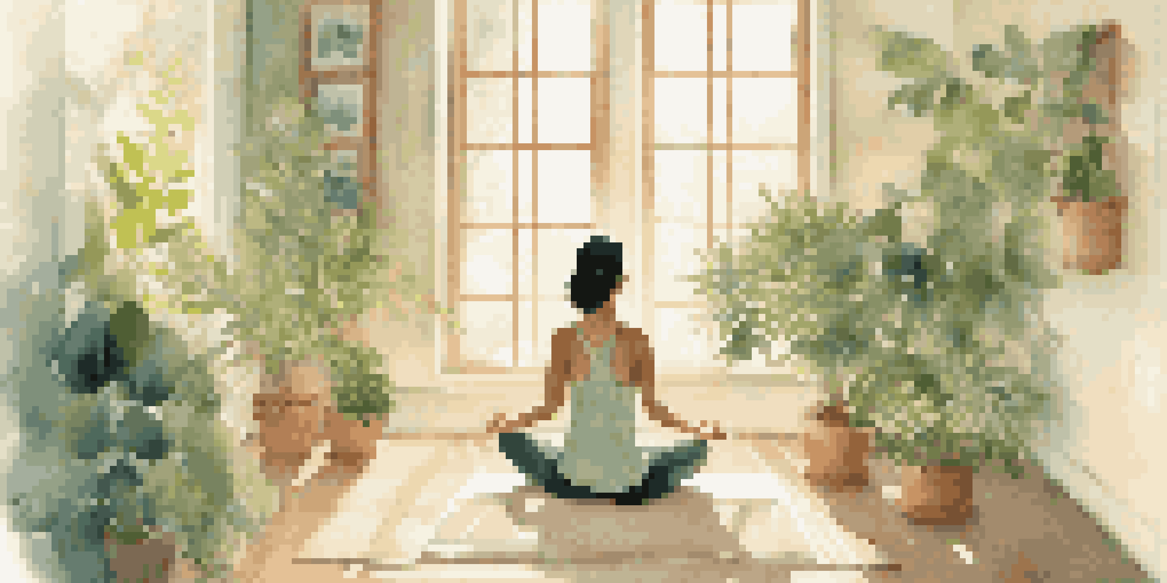 A peaceful person meditating in a bright room filled with plants, radiating tranquility and mindfulness.