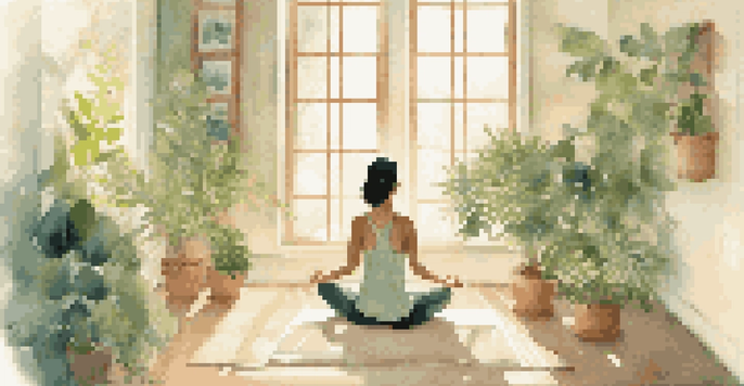 A peaceful person meditating in a bright room filled with plants, radiating tranquility and mindfulness.