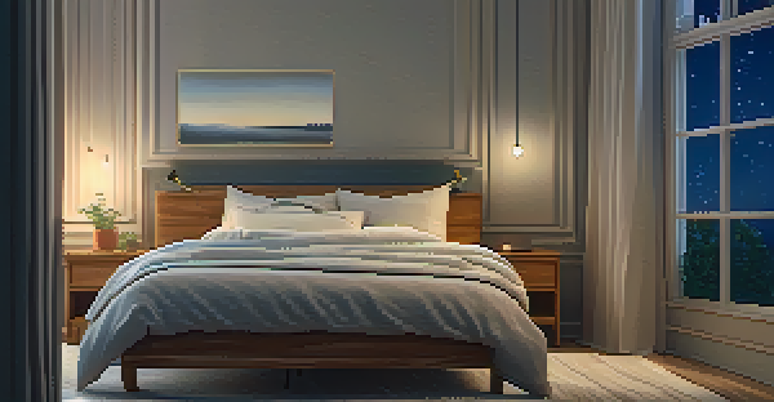 A cozy bedroom with a made bed, a bedside table with a plant and a book, and a window showing a starry night sky, creating a tranquil sleeping environment.