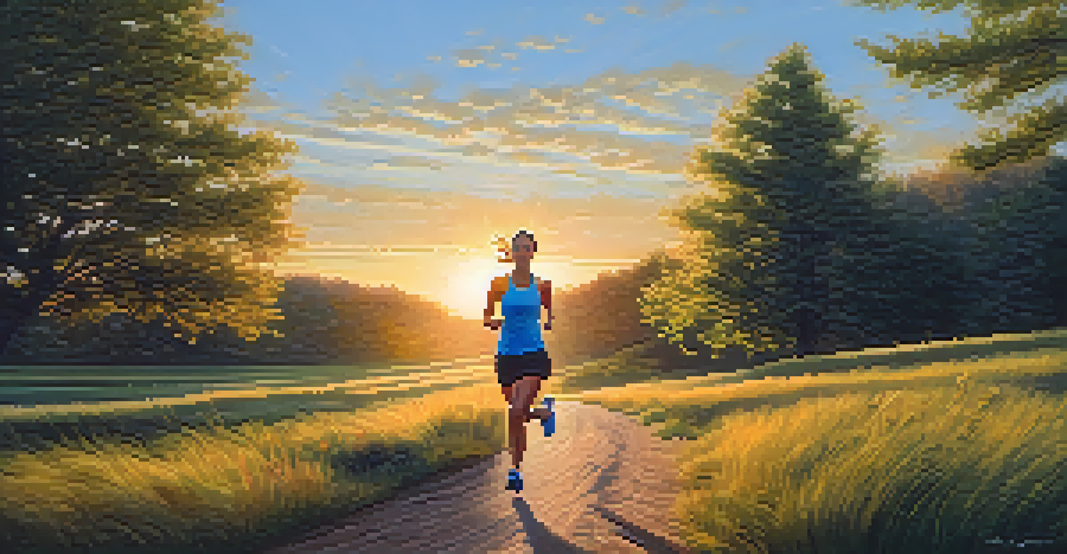 A runner in bright athletic clothing running on a trail during golden hour, with a warm glow from the sun and a clear blue sky.