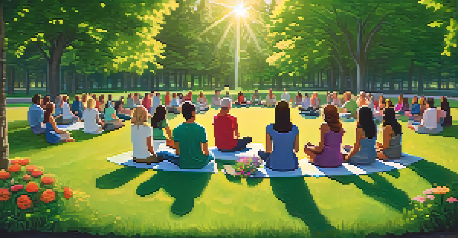 A group therapy session in a park, with participants sitting in a circle on the grass under a sunny sky.
