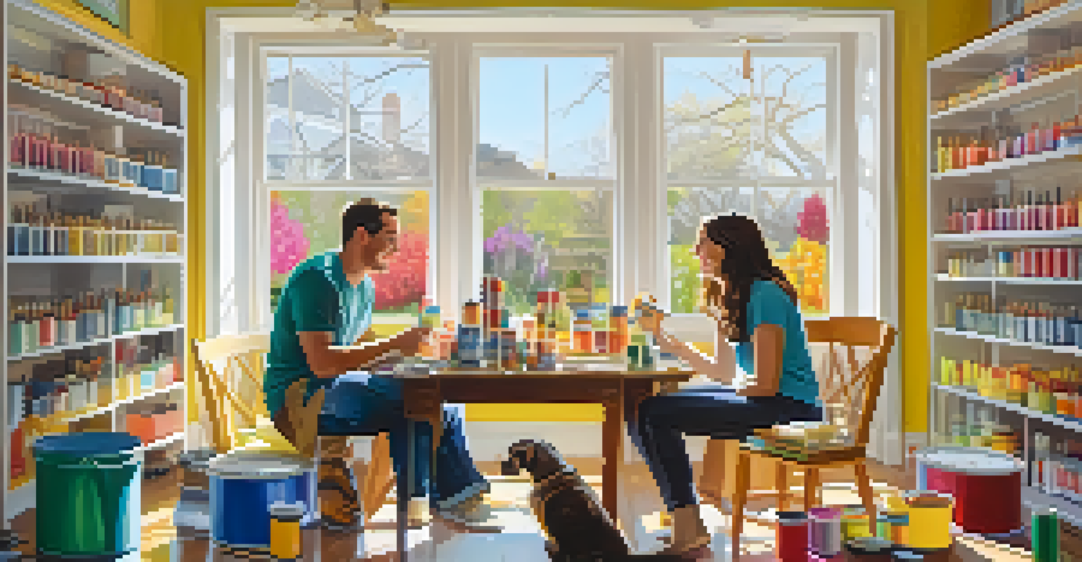 A couple happily working on a DIY project at home, surrounded by art supplies and colorful paint.