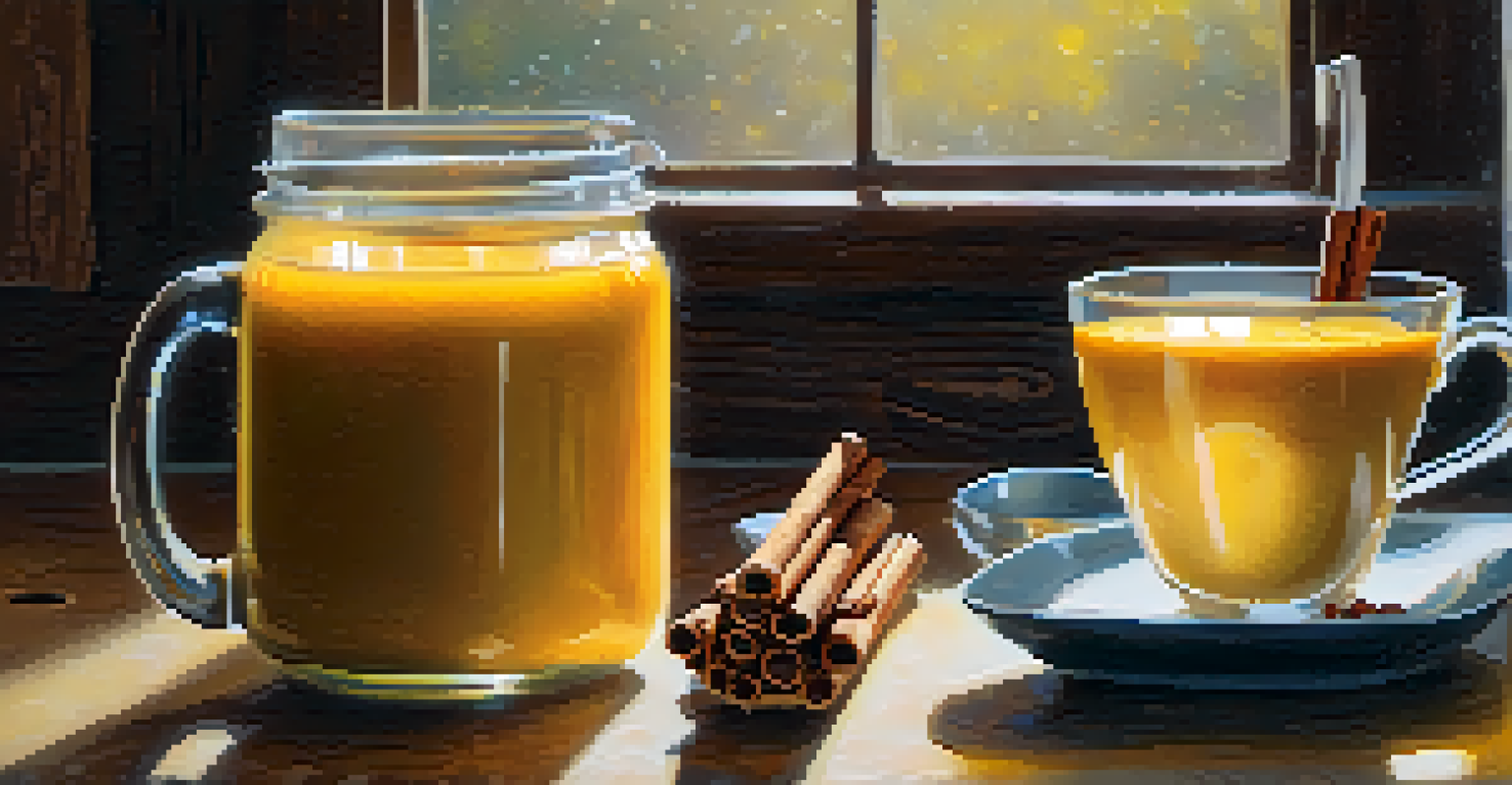 A glass of golden turmeric latte topped with cinnamon on a rustic wooden table, accompanied by turmeric powder and star anise, with soft morning light filtering through a window.