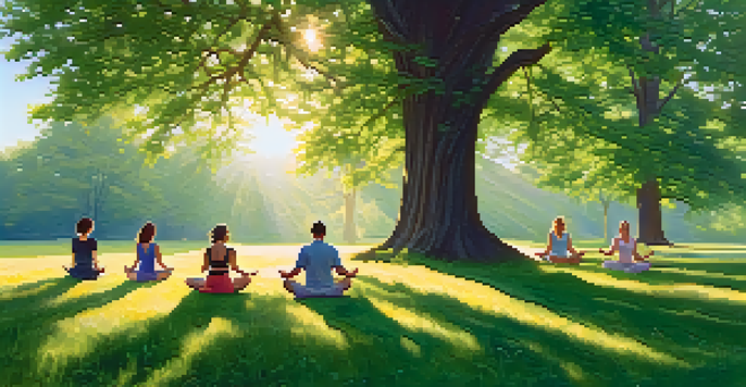 A peaceful yoga session in a green meadow with tall trees and colorful wildflowers, illuminated by soft morning sunlight.