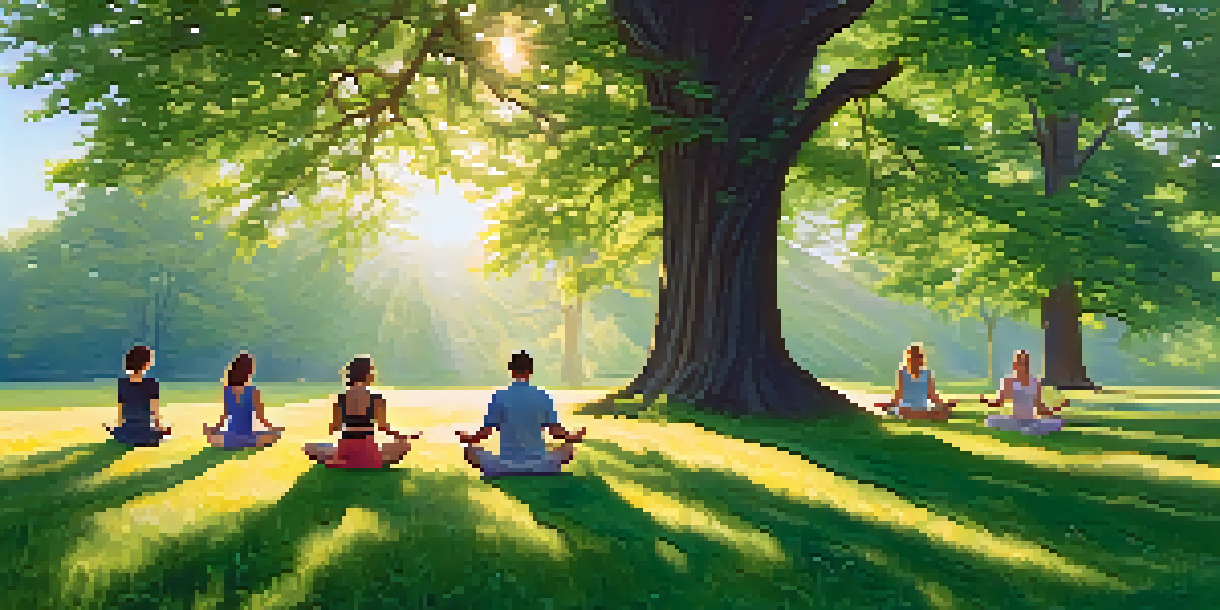 A peaceful yoga session in a green meadow with tall trees and colorful wildflowers, illuminated by soft morning sunlight.