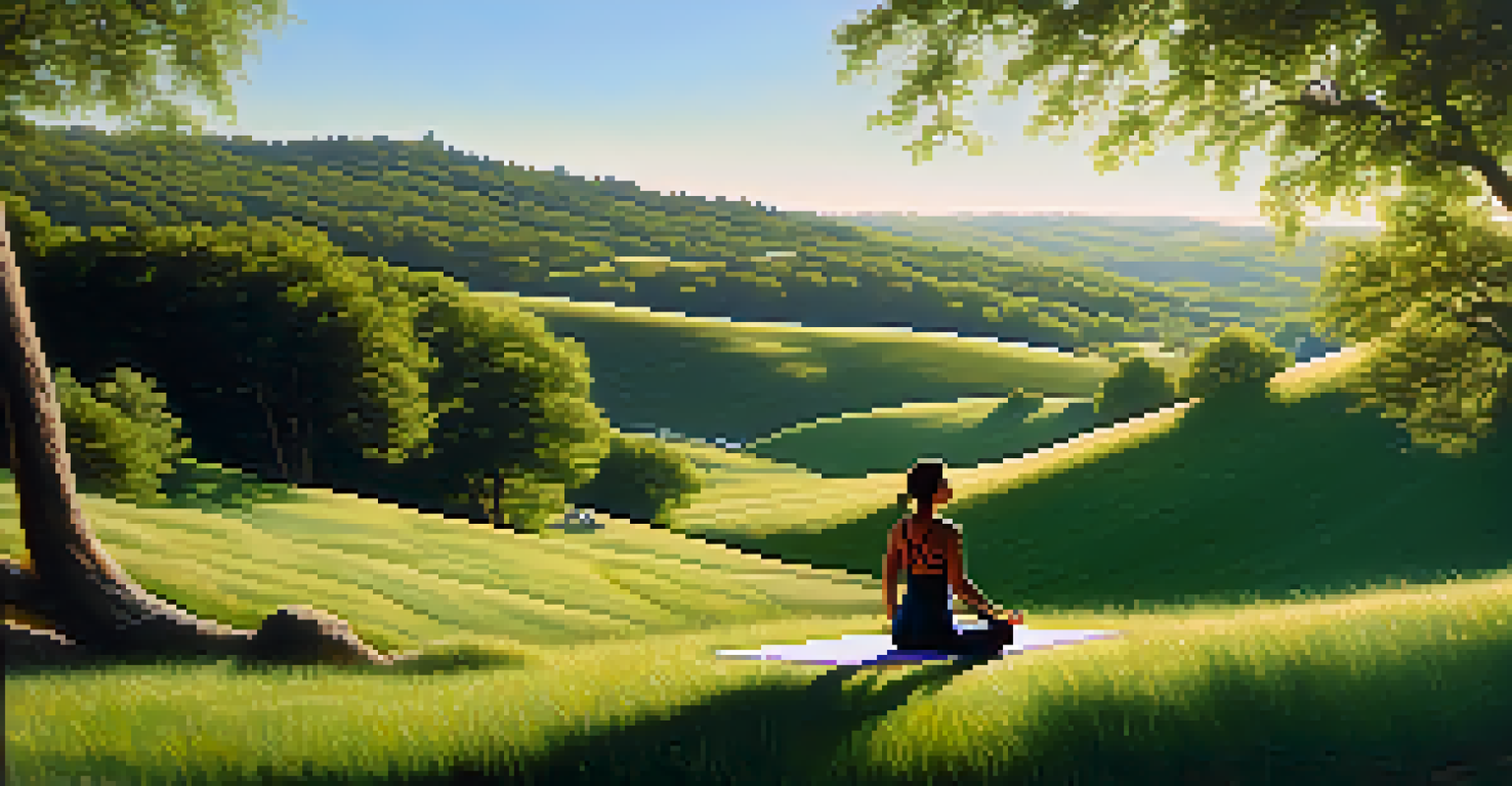 A person practicing yoga on a grassy hill in a serene landscape, illuminated by sunlight filtering through trees, symbolizing tranquility and wellness.