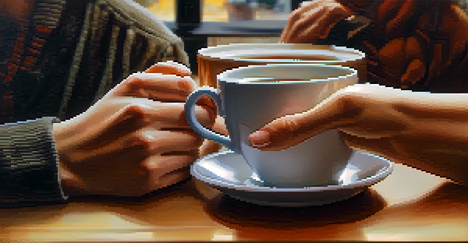Two hands in a supportive conversation over a cup of tea in a warm café setting.