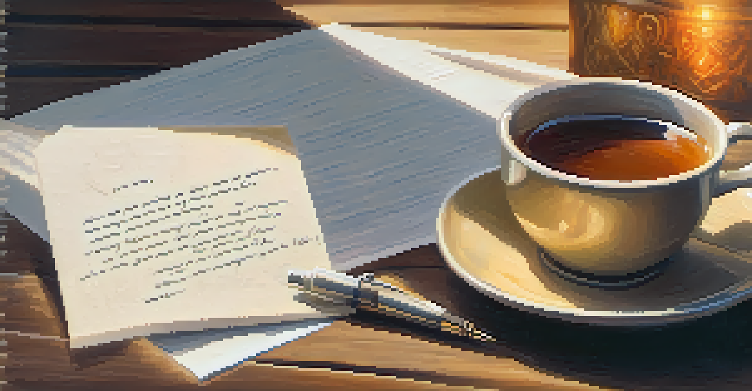 A close-up of a handwritten self-compassion letter next to a cup of tea and a potted plant on a wooden table.