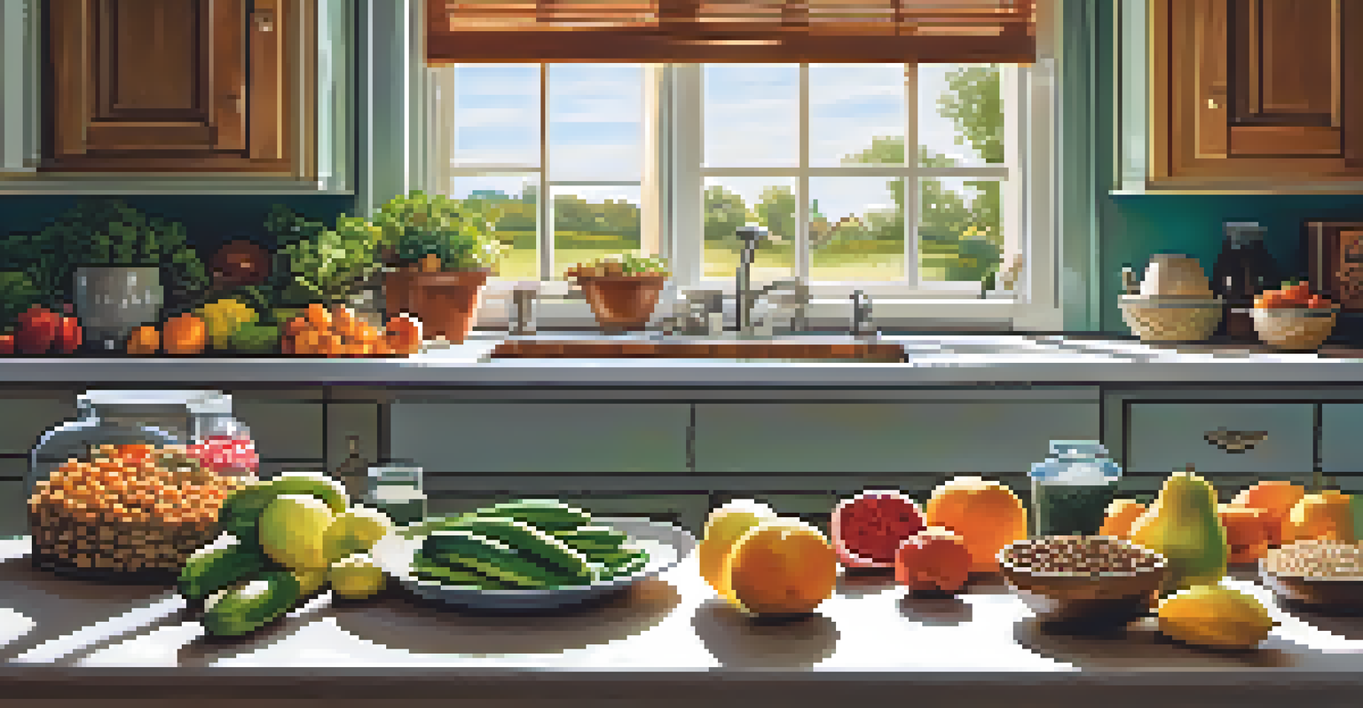 A kitchen countertop filled with fresh fruits, vegetables, whole grains, and nuts, with sunlight streaming through a window.