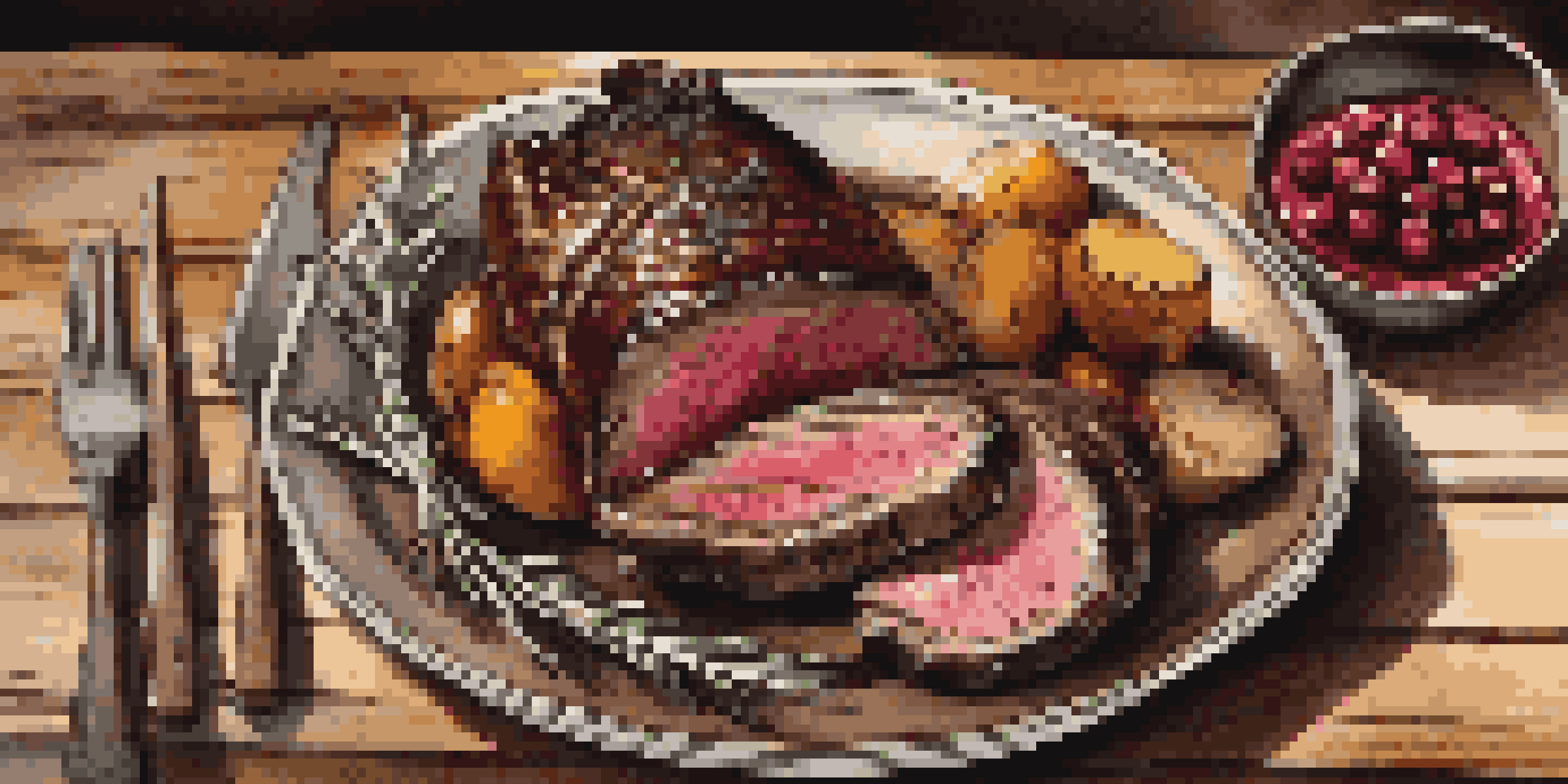 A plate of grilled venison steak with rosemary and roasted vegetables on a wooden table, softly lit.