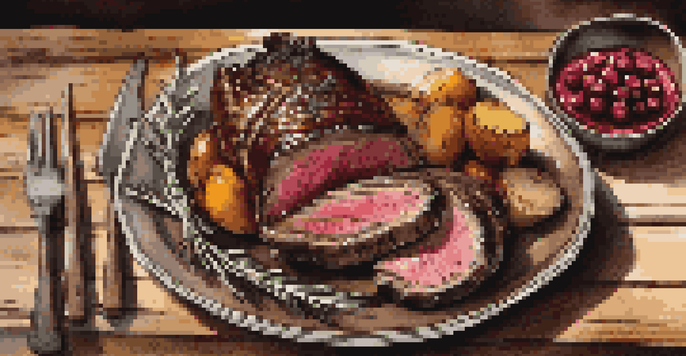 A plate of grilled venison steak with rosemary and roasted vegetables on a wooden table, softly lit.