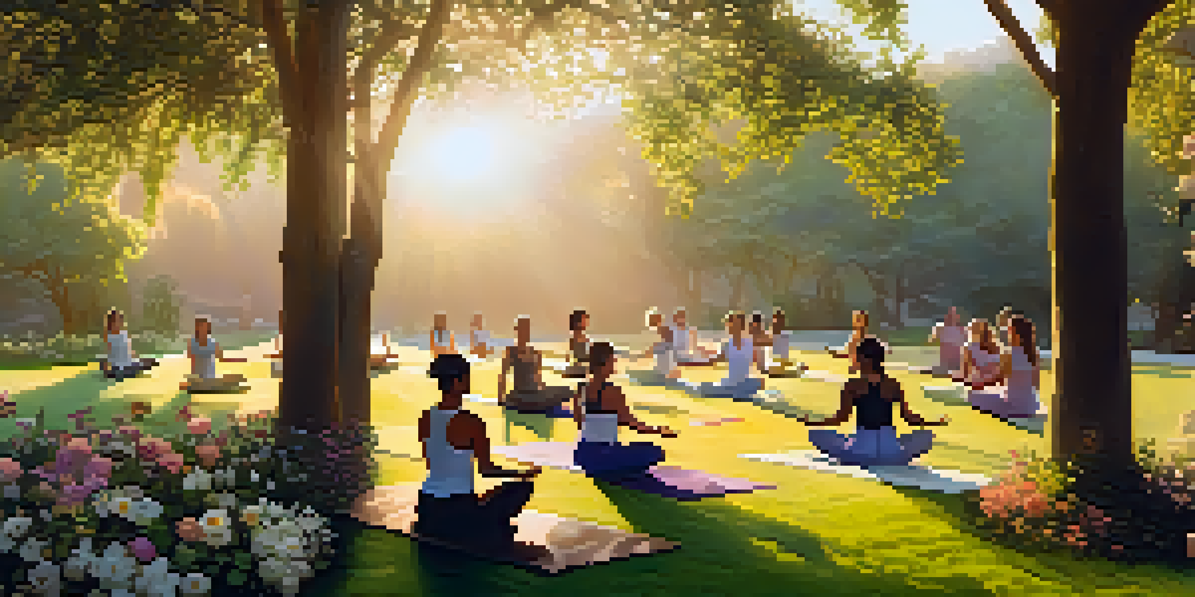 A diverse group of women practicing yoga outdoors at sunrise, surrounded by flowers and trees.