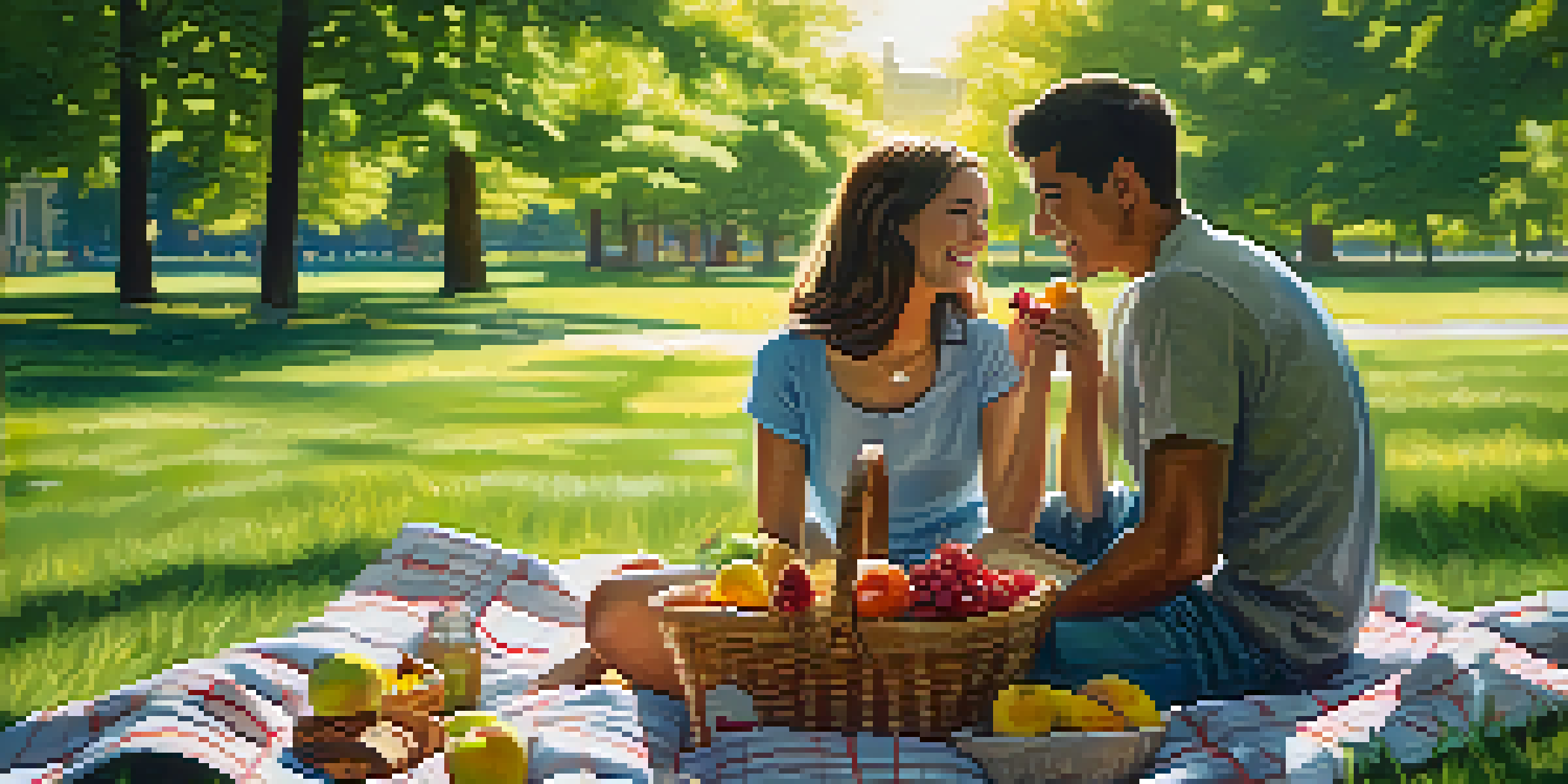 A couple having a picnic in a sunny park, surrounded by greenery and enjoying fresh food.