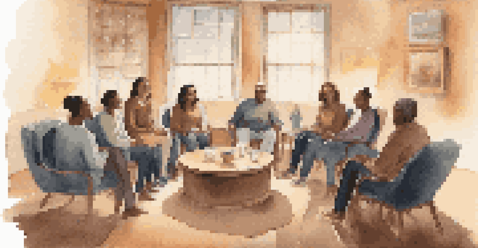 A cozy support group meeting with individuals sitting in a circle, smiling and sharing their gratitude in a warmly lit room.