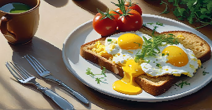 A close-up of a breakfast plate with scrambled eggs on whole-grain toast, garnished with herbs, illuminated by natural light.