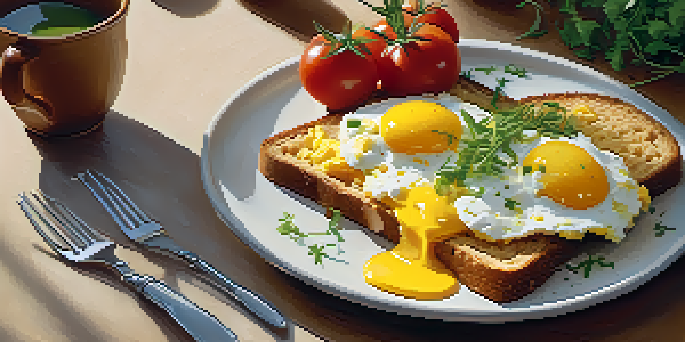 A close-up of a breakfast plate with scrambled eggs on whole-grain toast, garnished with herbs, illuminated by natural light.