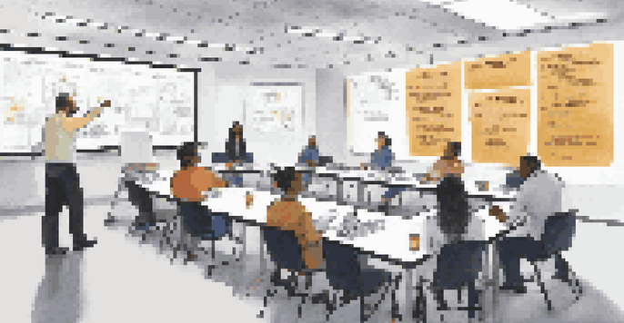 A training room with employees participating in an awareness training session, with a projector screen and safety posters on the walls.