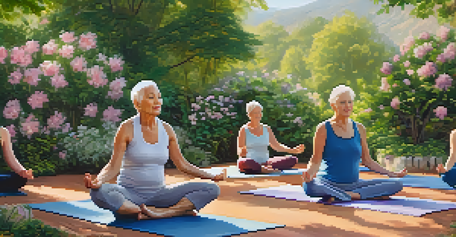 A group of older adults participating in an outdoor yoga class in a beautiful garden, practicing poses with calm expressions.