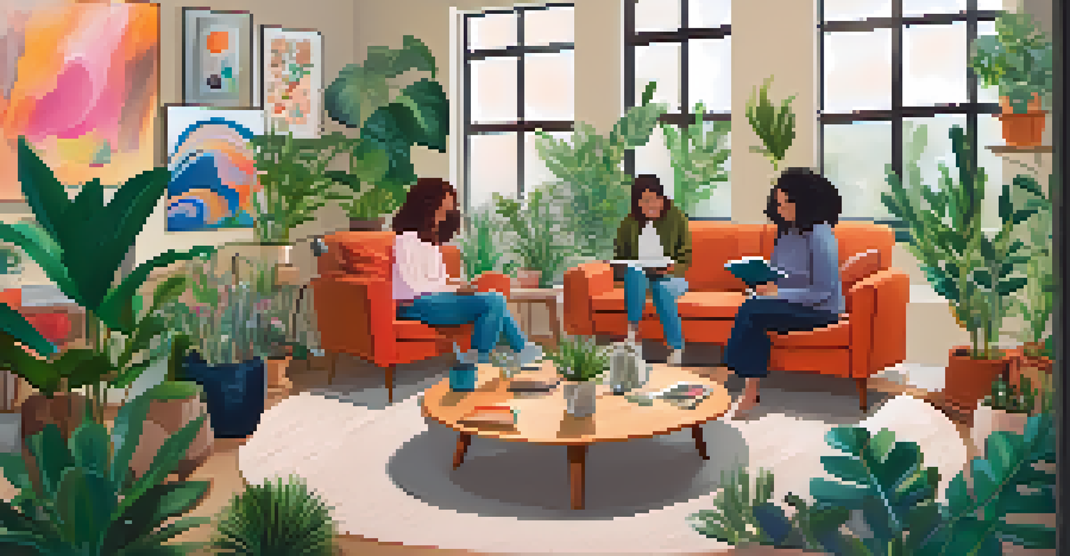 A cozy group art therapy session with participants sharing their artwork in a nurturing environment filled with plants and soft lighting.