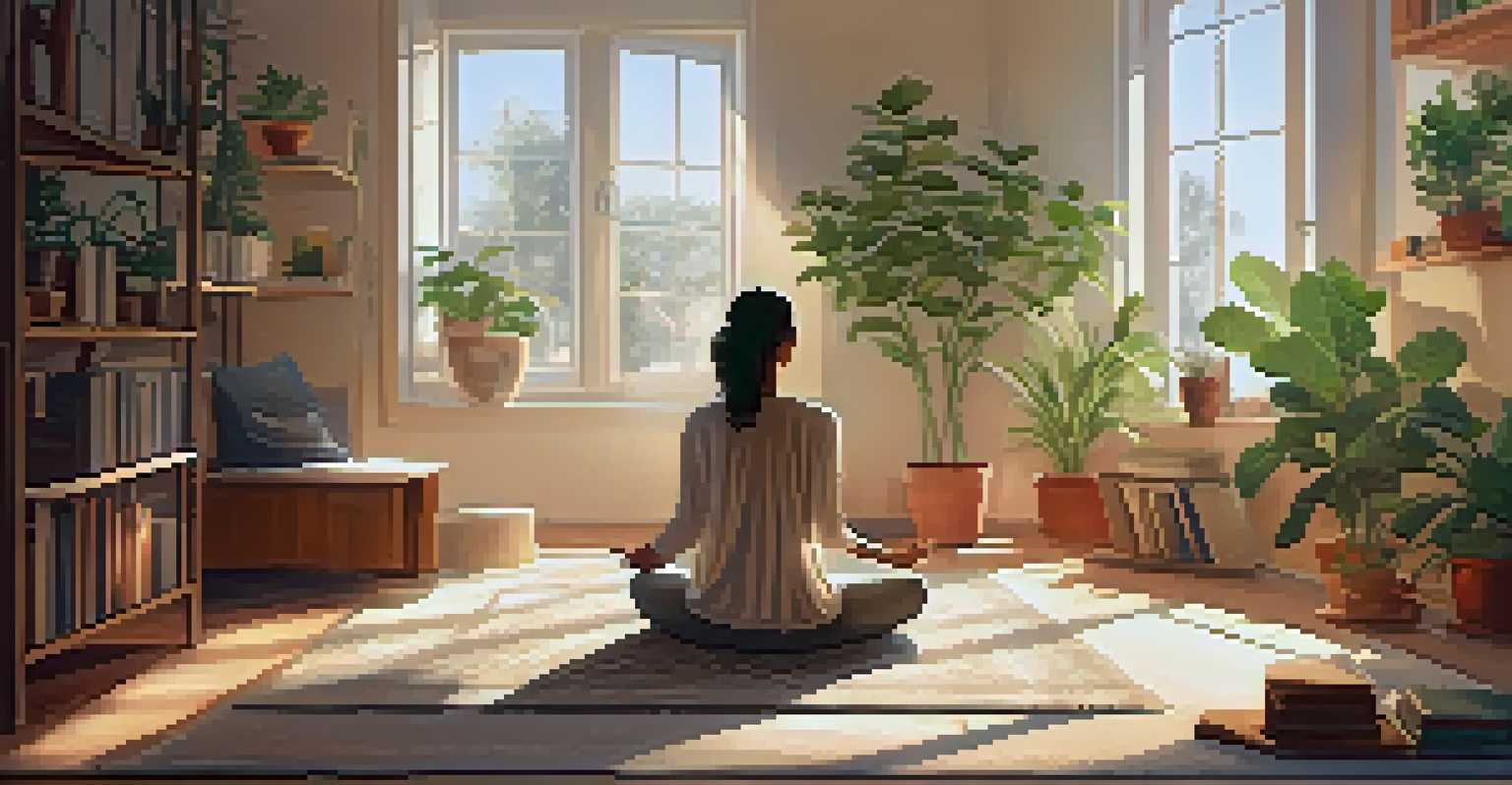 A person meditating in a cozy living room filled with plants and soft sunlight, creating a peaceful atmosphere.