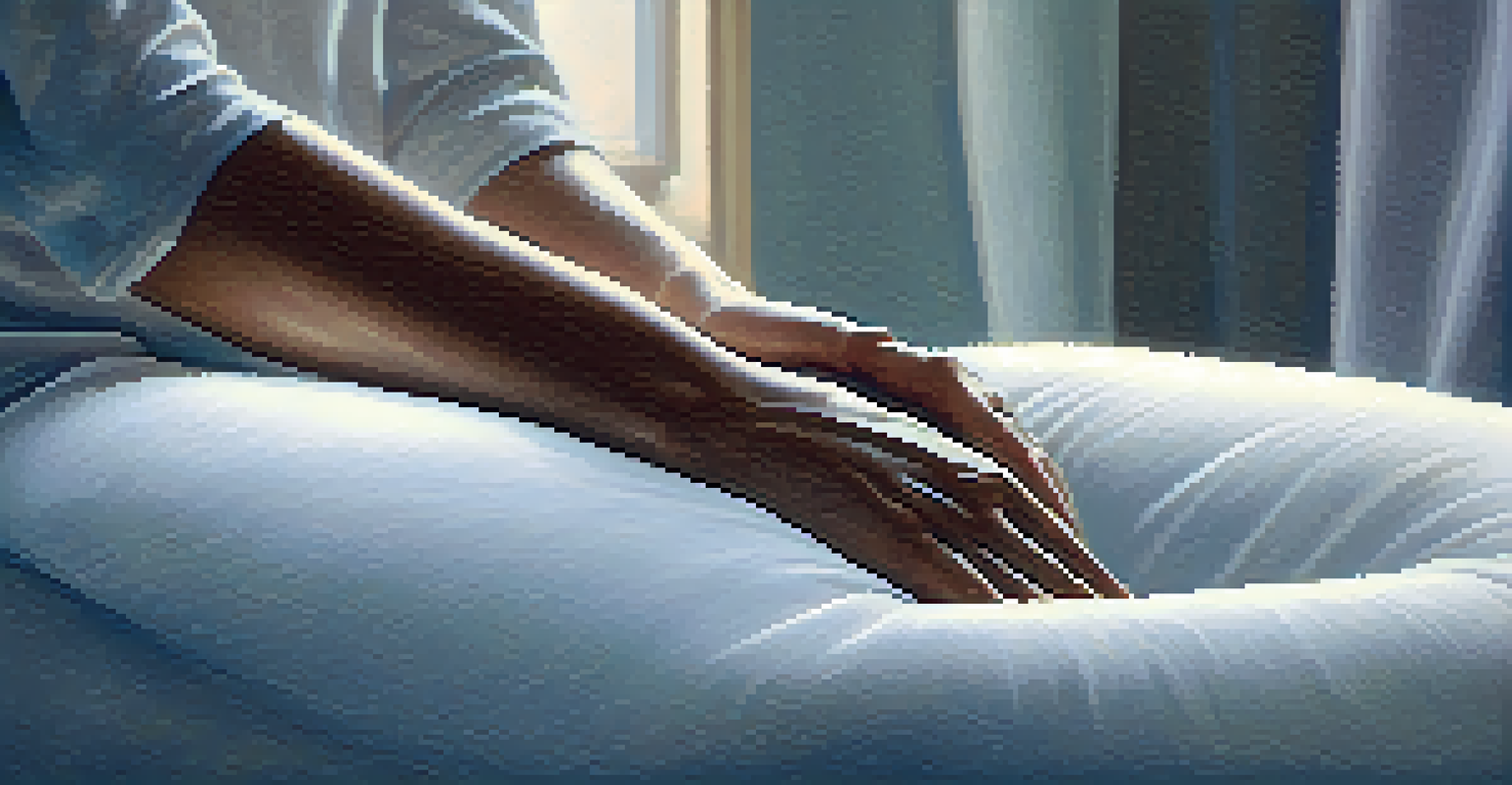 A close-up of a person's relaxed hands on their thighs during a body scan meditation.