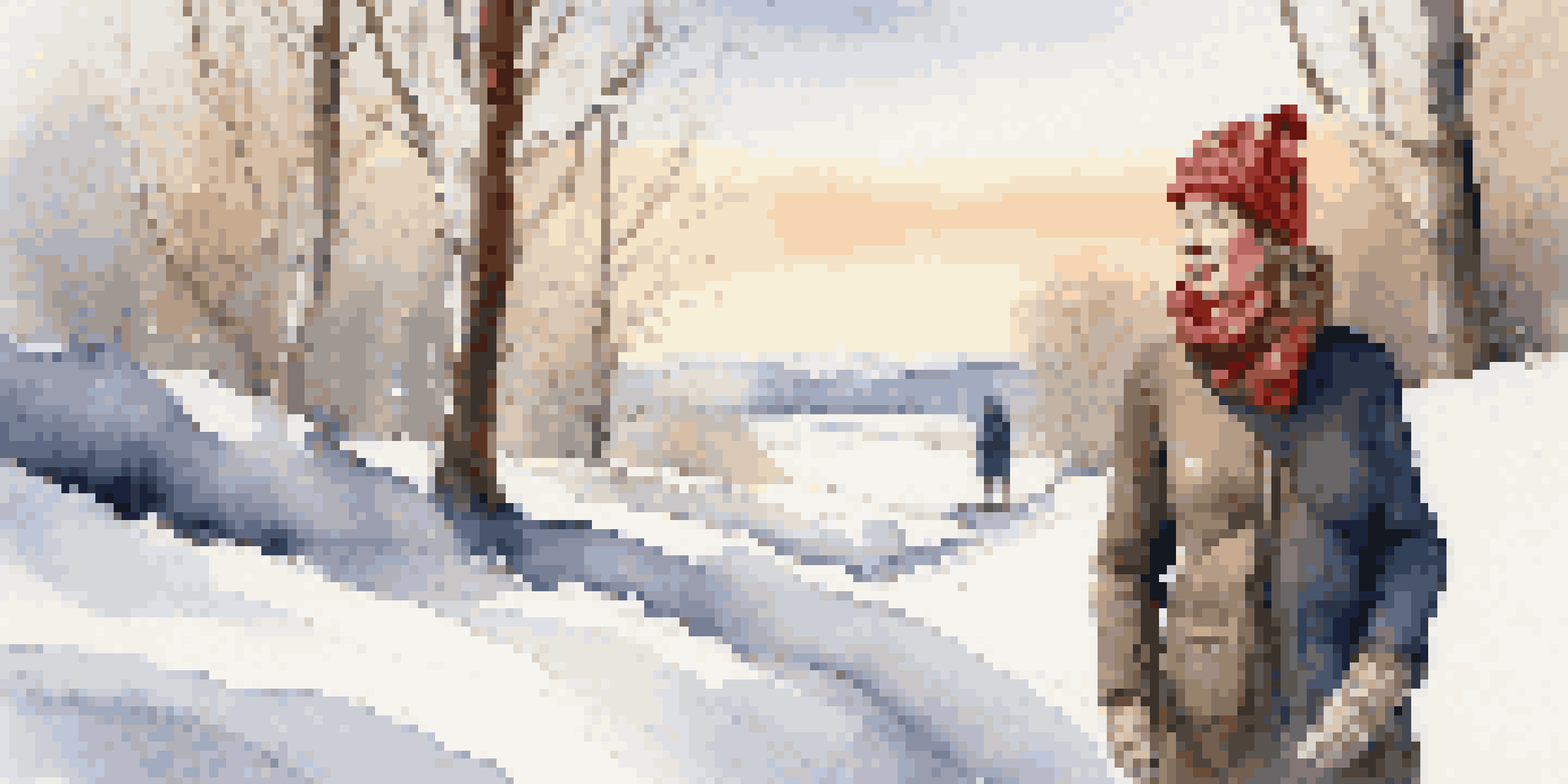 A traveler dressed in warm, layered clothing stands in a snowy landscape, surrounded by trees and soft sunlight.