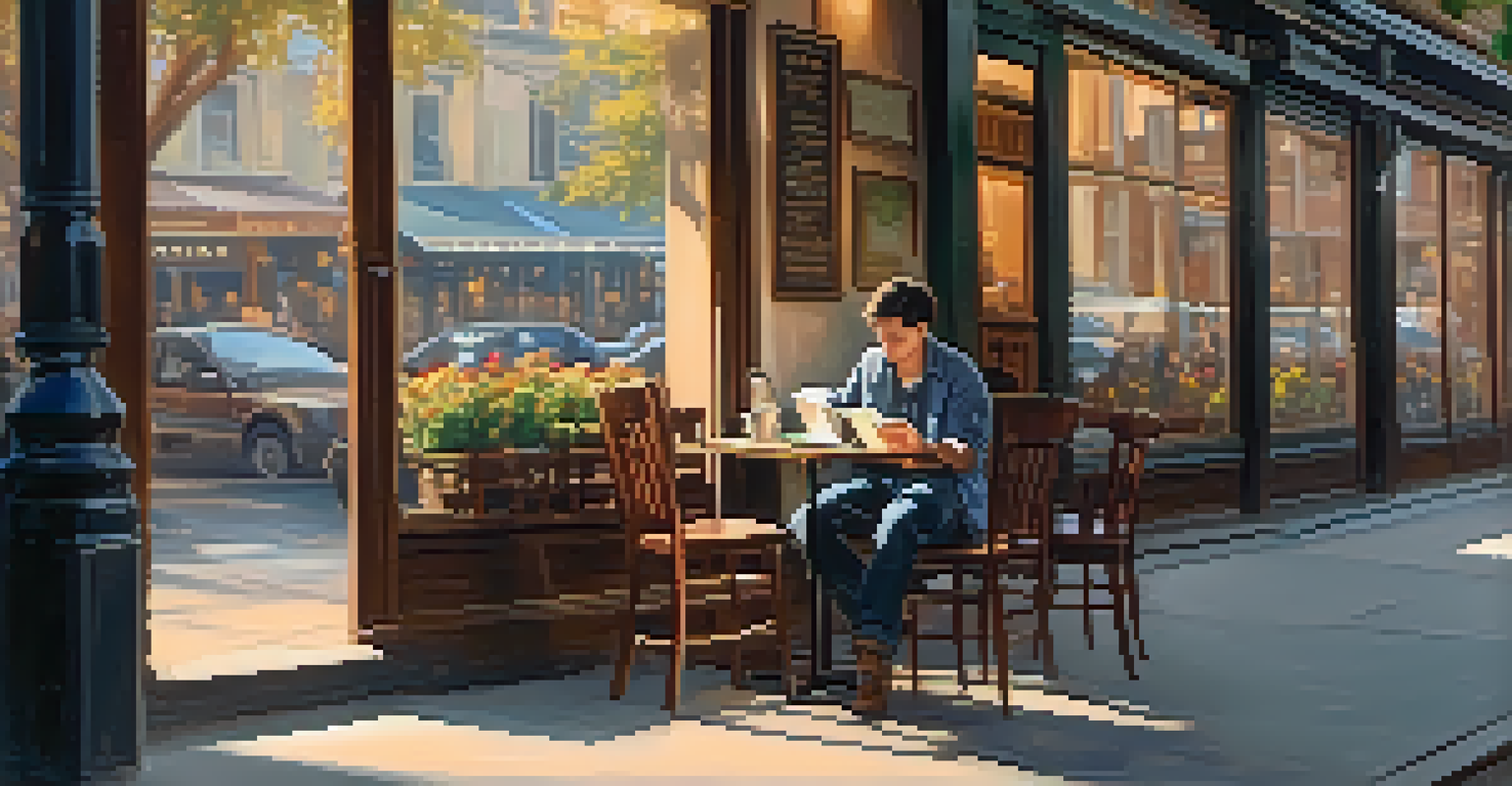 A person reading a book in a cozy cafe with coffee, overlooking a busy street through the window.
