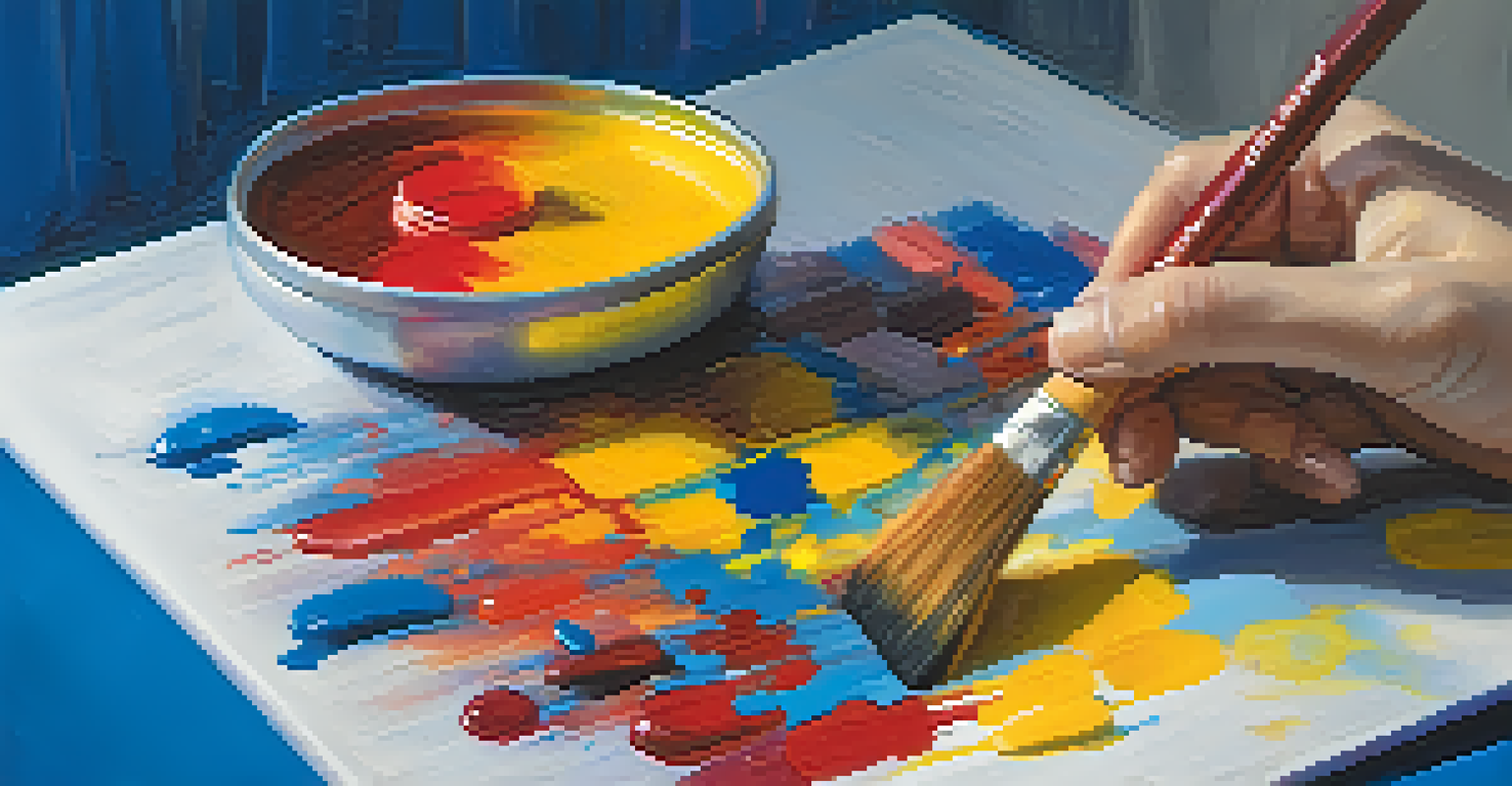 Close-up of hands painting on a canvas with bright colors, surrounded by art supplies and a blurred background.