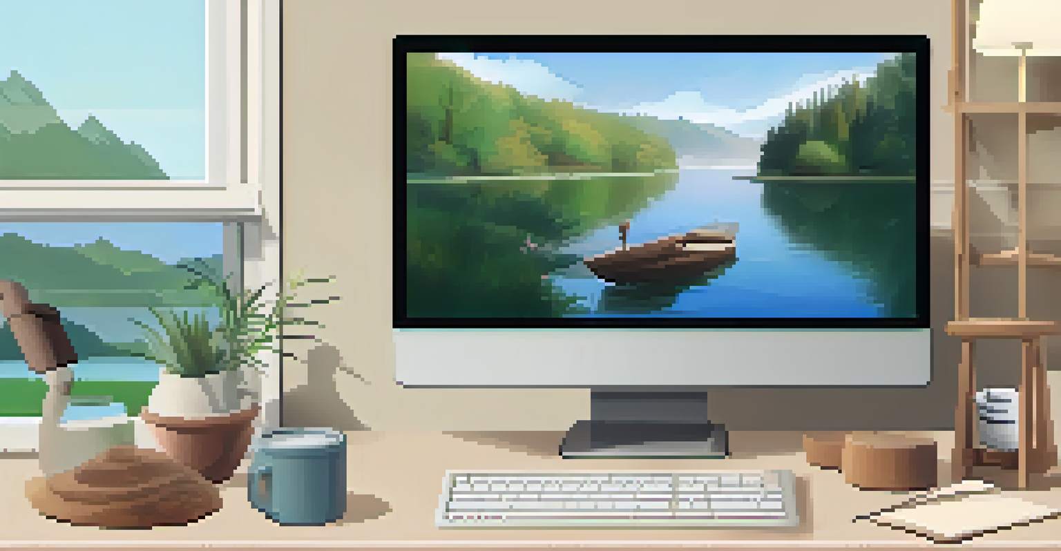 A digital workspace with a mindfulness app on a computer screen and a cozy chair.