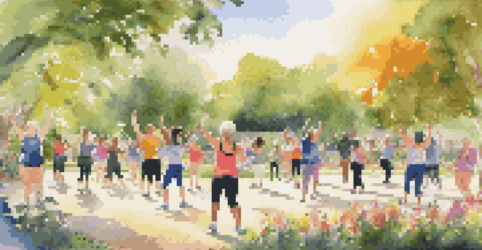 A diverse group of people exercising outdoors in a sunlit park, surrounded by greenery.