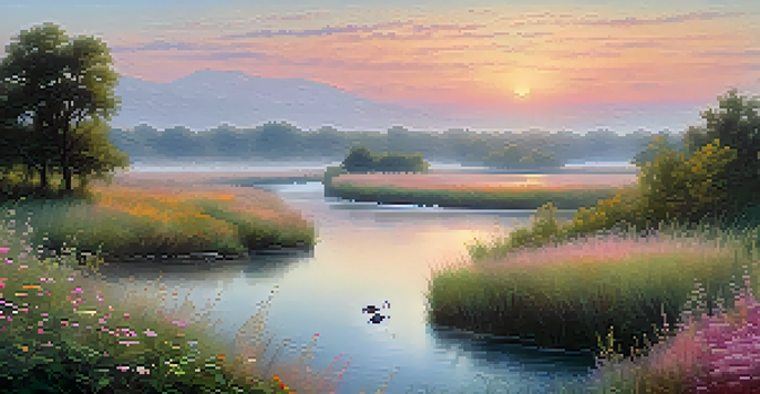 A peaceful river landscape at sunrise with blooming wildflowers and mist rising from the water.