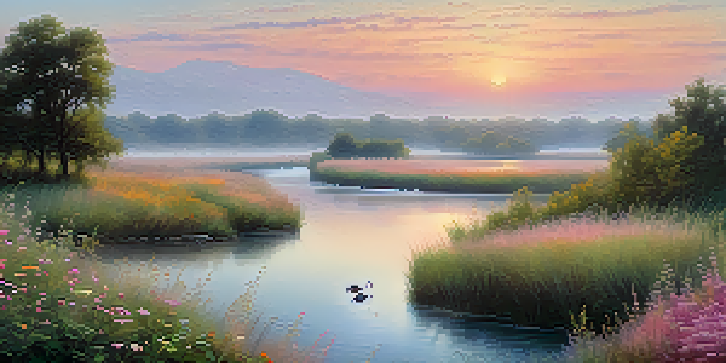 A peaceful river landscape at sunrise with blooming wildflowers and mist rising from the water.