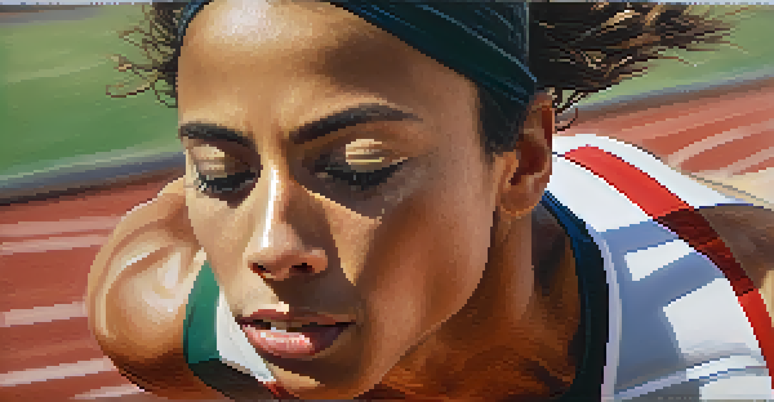 A runner in a starting position, eyes closed, practicing focused breathing before a race.