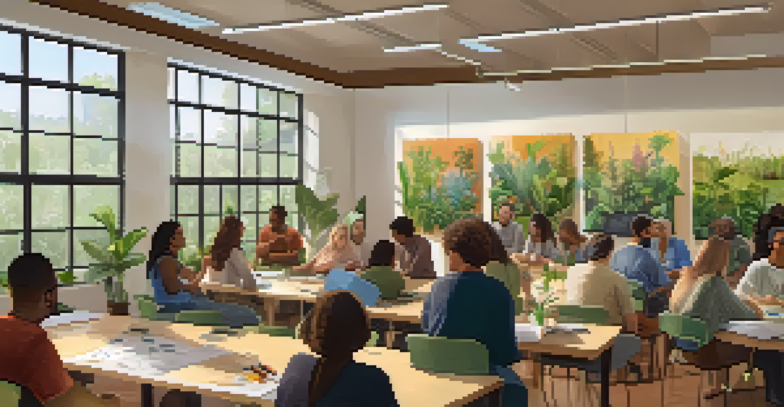 Adults attending an educational workshop on sustainability in a bright community center, surrounded by plants and learning materials.