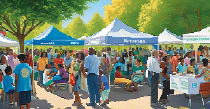 A diverse group of people at a mobile vaccination clinic in a park, with healthcare workers administering vaccines and colorful banners promoting health.